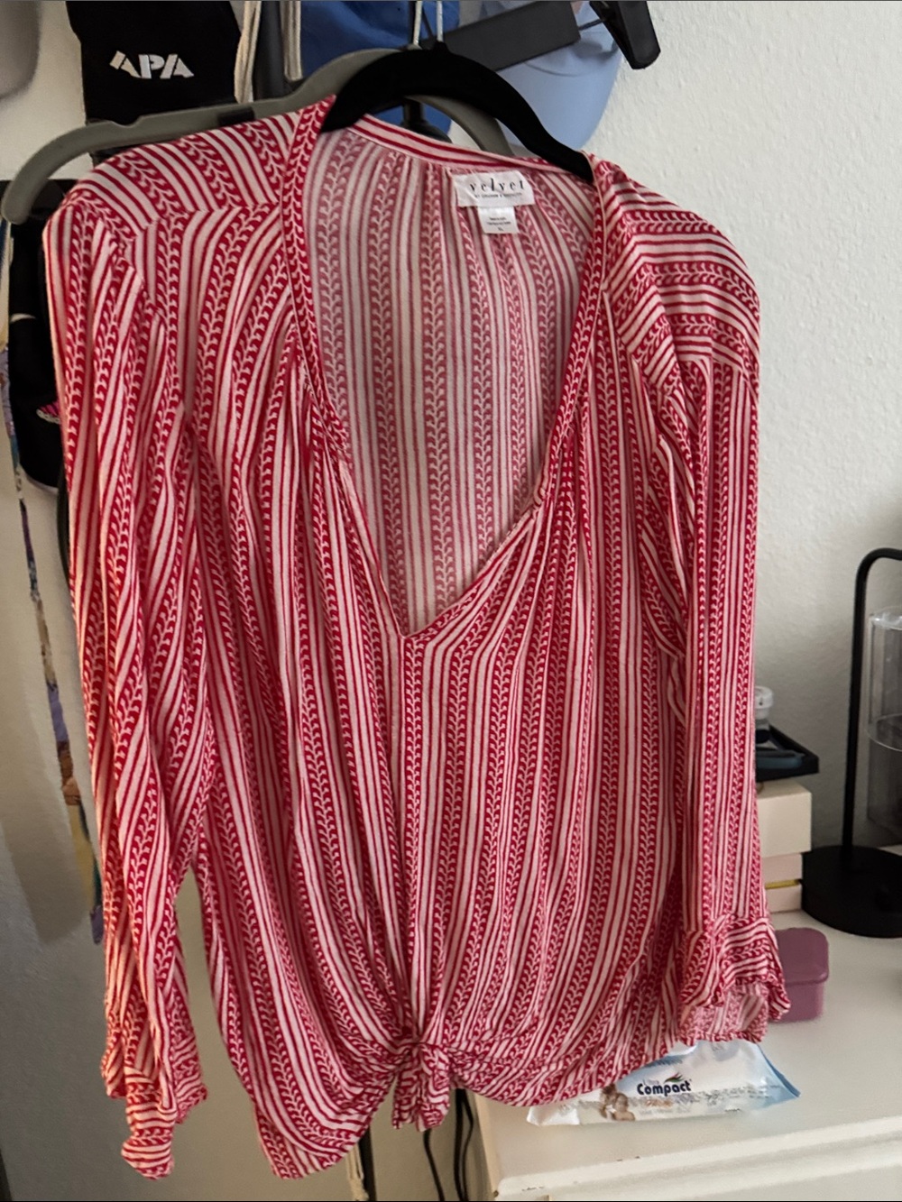 Velvet by Graham & Spencer Pink and White Striped V-Neck Tie-Hem Blouse